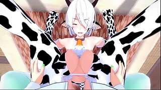 The skirt cow decided to give milk to her friend